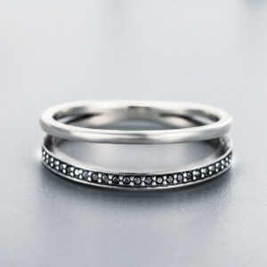 Black CZ Gemstone Ring Personalized Double Layer Cubic Zircon 925 Sterling Silver