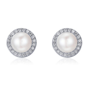 Fine Freshwater pearl/Zircon Pierced Earrings 925 Sterling Silver